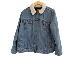 Levis Sherpa Lined Denim Trucker Jacket Womens Sz 2X Blue Casual Vintage